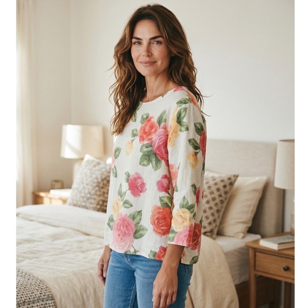 Hot Cotton by Marc Ware Floral 100% Linen 3/4 Sleeve Top NWOT Size Large